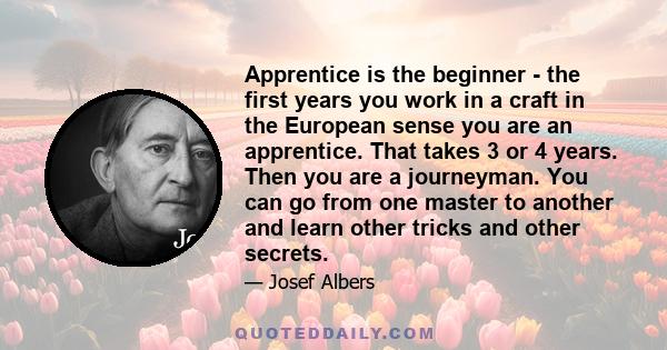 Apprentice is the beginner - the first years you work in a craft in the European sense you are an apprentice. That takes 3 or 4 years. Then you are a journeyman. You can go from one master to another and learn other