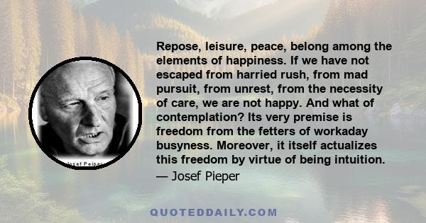 Repose, leisure, peace, belong among the elements of happiness. If we have not escaped from harried rush, from mad pursuit, from unrest, from the necessity of care, we are not happy. And what of contemplation? Its very