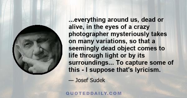 ...everything around us, dead or alive, in the eyes of a crazy photographer mysteriously takes on many variations, so that a seemingly dead object comes to life through light or by its surroundings... To capture some of 