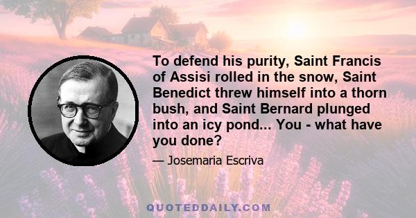 To defend his purity, Saint Francis of Assisi rolled in the snow, Saint Benedict threw himself into a thorn bush, and Saint Bernard plunged into an icy pond... You - what have you done?