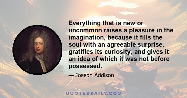 Everything that is new or uncommon raises a pleasure in the imagination, because it fills the soul with an agreeable surprise, gratifies its curiosity, and gives it an idea of which it was not before possessed.