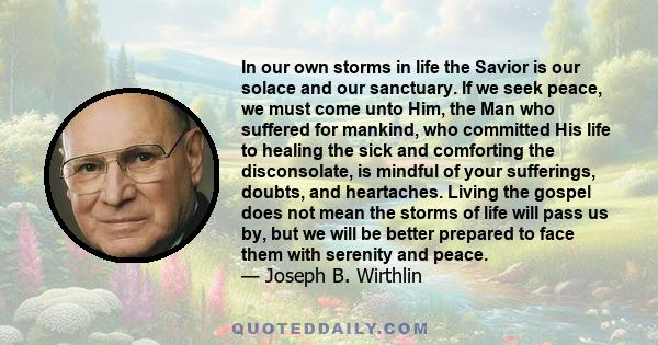 In our own storms in life the Savior is our solace and our sanctuary. If we seek peace, we must come unto Him, the Man who suffered for mankind, who committed His life to healing the sick and comforting the