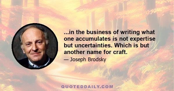 ...in the business of writing what one accumulates is not expertise but uncertainties. Which is but another name for craft.