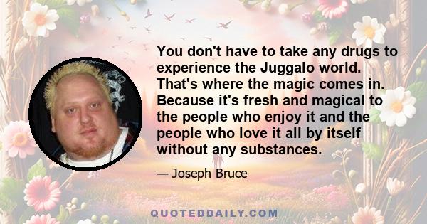 You don't have to take any drugs to experience the Juggalo world. That's where the magic comes in. Because it's fresh and magical to the people who enjoy it and the people who love it all by itself without any