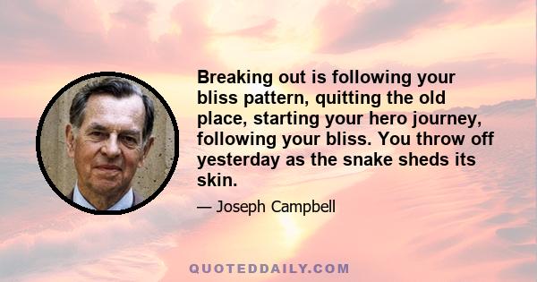 Breaking out is following your bliss pattern, quitting the old place, starting your hero journey, following your bliss. You throw off yesterday as the snake sheds its skin.