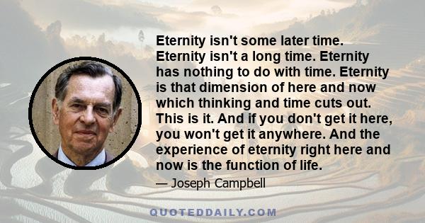 Eternity isn't some later time. Eternity isn't a long time. Eternity has nothing to do with time. Eternity is that dimension of here and now which thinking and time cuts out. This is it. And if you don't get it here,