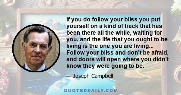 If you do follow your bliss you put yourself on a kind of track that has been there all the while, waiting for you, and the life that you ought to be living is the one you are living... Follow your bliss and don't be