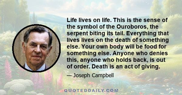 Life lives on life. This is the sense of the symbol of the Ouroboros, the serpent biting its tail. Everything that lives lives on the death of something else. Your own body will be food for something else. Anyone who