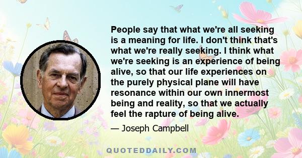 People say that what we're all seeking is a meaning for life. I don't think that's what we're really seeking. I think what we're seeking is an experience of being alive, so that our life experiences on the purely