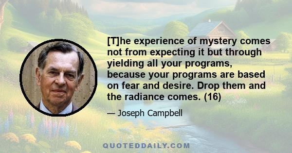 [T]he experience of mystery comes not from expecting it but through yielding all your programs, because your programs are based on fear and desire. Drop them and the radiance comes. (16)