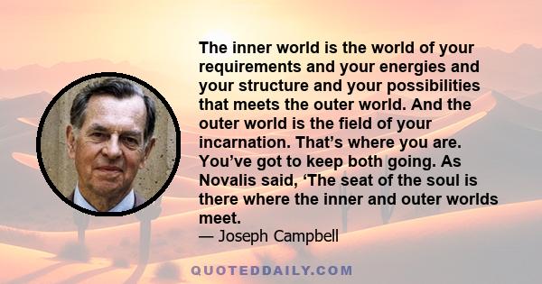 The inner world is the world of your requirements and your energies and your structure and your possibilities that meets the outer world. And the outer world is the field of your incarnation. That’s where you are.