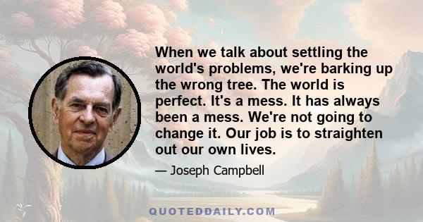 When we talk about settling the world's problems, we're barking up the wrong tree. The world is perfect. It's a mess. It has always been a mess. We're not going to change it. Our job is to straighten out our own lives.