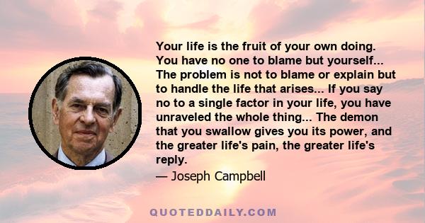 Your life is the fruit of your own doing. You have no one to blame but yourself... The problem is not to blame or explain but to handle the life that arises... If you say no to a single factor in your life, you have