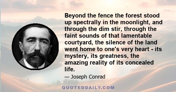 Beyond the fence the forest stood up spectrally in the moonlight, and through the dim stir, through the faint sounds of that lamentable courtyard, the silence of the land went home to one's very heart - its mystery, its 