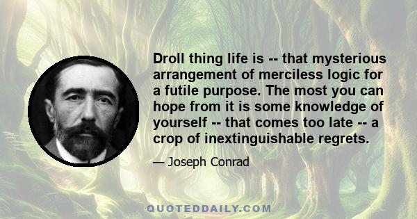 Droll thing life is -- that mysterious arrangement of merciless logic for a futile purpose. The most you can hope from it is some knowledge of yourself -- that comes too late -- a crop of inextinguishable regrets.