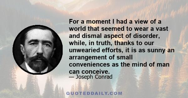 For a moment I had a view of a world that seemed to wear a vast and dismal aspect of disorder, while, in truth, thanks to our unwearied efforts, it is as sunny an arrangement of small conveniences as the mind of man can 