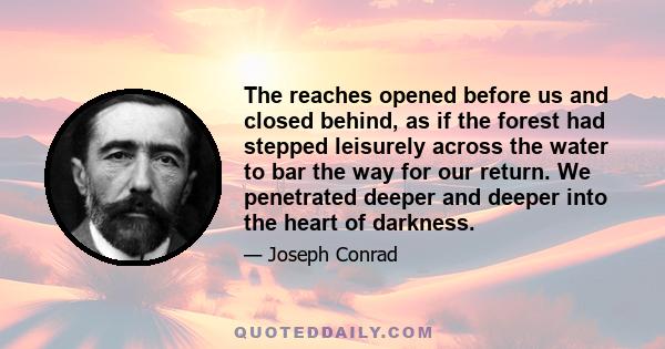 The reaches opened before us and closed behind, as if the forest had stepped leisurely across the water to bar the way for our return. We penetrated deeper and deeper into the heart of darkness.