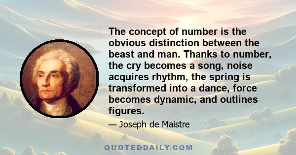 The concept of number is the obvious distinction between the beast and man. Thanks to number, the cry becomes a song, noise acquires rhythm, the spring is transformed into a dance, force becomes dynamic, and outlines