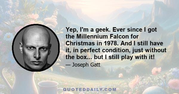 Yep, I'm a geek. Ever since I got the Millennium Falcon for Christmas in 1978. And I still have it, in perfect condition, just without the box... but I still play with it!