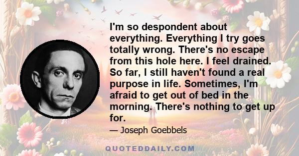 I'm so despondent about everything. Everything I try goes totally wrong. There's no escape from this hole here. I feel drained. So far, I still haven't found a real purpose in life. Sometimes, I'm afraid to get out of