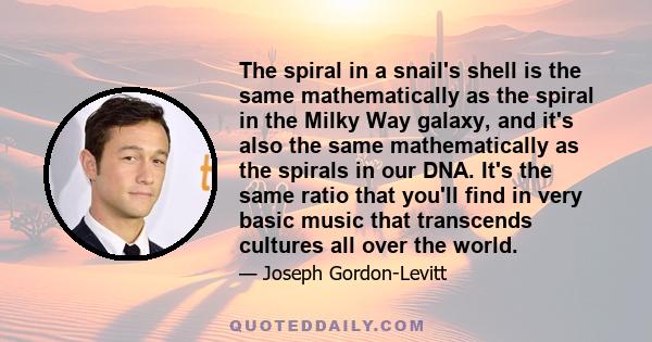 The spiral in a snail's shell is the same mathematically as the spiral in the Milky Way galaxy, and it's also the same mathematically as the spirals in our DNA. It's the same ratio that you'll find in very basic music