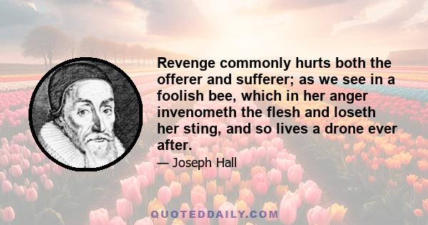 Revenge commonly hurts both the offerer and sufferer; as we see in a foolish bee, which in her anger invenometh the flesh and loseth her sting, and so lives a drone ever after.