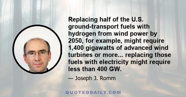 Replacing half of the U.S. ground-transport fuels with hydrogen from wind power by 2050, for example, might require 1,400 gigawatts of advanced wind turbines or more... replacing those fuels with electricity might