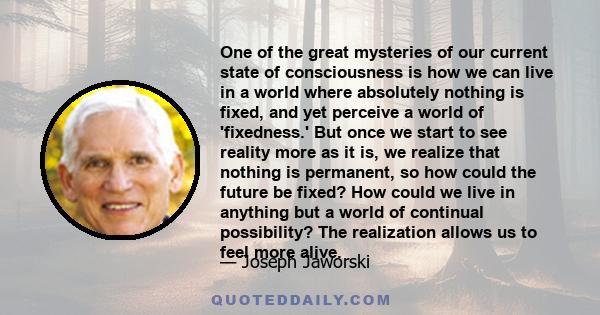 One of the great mysteries of our current state of consciousness is how we can live in a world where absolutely nothing is fixed, and yet perceive a world of 'fixedness.' But once we start to see reality more as it is,