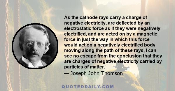 As the cathode rays carry a charge of negative electricity, are deflected by an electrostatic force as if they were negatively electrified, and are acted on by a magnetic force in just the way in which this force would