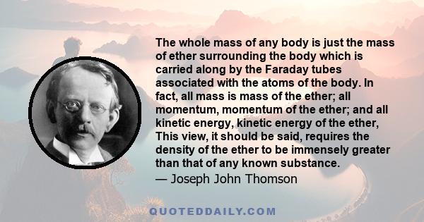 The whole mass of any body is just the mass of ether surrounding the body which is carried along by the Faraday tubes associated with the atoms of the body. In fact, all mass is mass of the ether; all momentum, momentum 