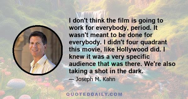 I don't think the film is going to work for everybody, period. It wasn't meant to be done for everybody. I didn't four quadrant this movie, like Hollywood did. I knew it was a very specific audience that was there.