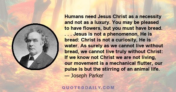 Humans need Jesus Christ as a necessity and not as a luxury. You may be pleased to have flowers, but you must have bread. . . . Jesus is not a phenomenon, He is bread: Christ is not a curiosity, He is water. As surely