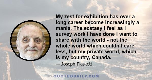 My zest for exhibition has over a long career become increasingly a mania. The ecstasy I feel as I survey work I have done I want to share with the world - not the whole world which couldn't care less, but my private