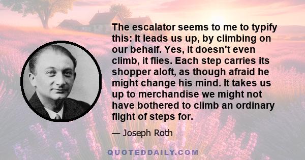 The escalator seems to me to typify this: It leads us up, by climbing on our behalf. Yes, it doesn't even climb, it flies. Each step carries its shopper aloft, as though afraid he might change his mind. It takes us up