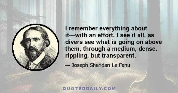 I remember everything about it—with an effort. I see it all, as divers see what is going on above them, through a medium, dense, rippling, but transparent.