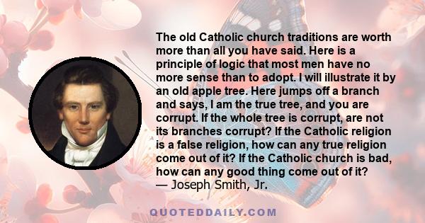 The old Catholic church traditions are worth more than all you have said. Here is a principle of logic that most men have no more sense than to adopt. I will illustrate it by an old apple tree. Here jumps off a branch