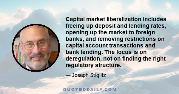 Capital market liberalization includes freeing up deposit and lending rates, opening up the market to foreign banks, and removing restrictions on capital account transactions and bank lending. The focus is on