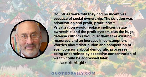 Countries were told they had no incentives because of social ownership. The solution was privatization and profit, profit, profit. Privatization would replace inefficient state ownership, and the profit system plus the