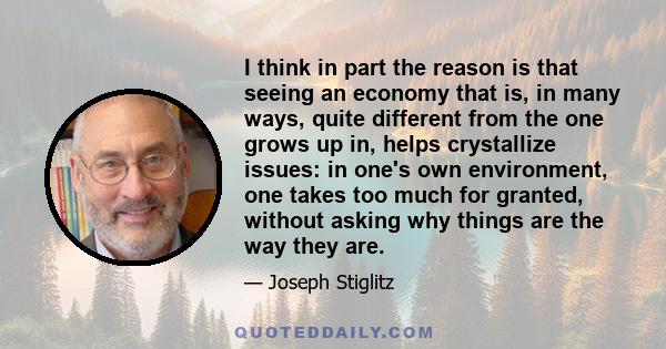 I think in part the reason is that seeing an economy that is, in many ways, quite different from the one grows up in, helps crystallize issues: in one's own environment, one takes too much for granted, without asking