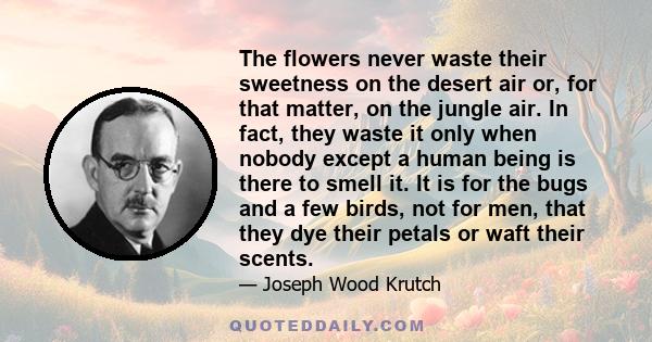 The flowers never waste their sweetness on the desert air or, for that matter, on the jungle air. In fact, they waste it only when nobody except a human being is there to smell it. It is for the bugs and a few birds,