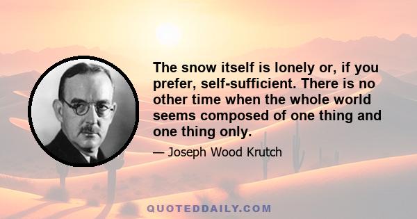 The snow itself is lonely or, if you prefer, self-sufficient. There is no other time when the whole world seems composed of one thing and one thing only.