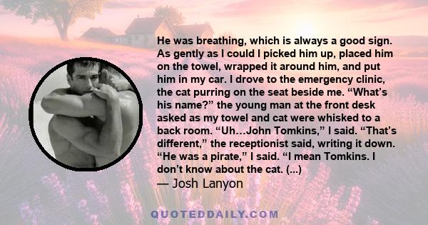 He was breathing, which is always a good sign. As gently as I could I picked him up, placed him on the towel, wrapped it around him, and put him in my car. I drove to the emergency clinic, the cat purring on the seat