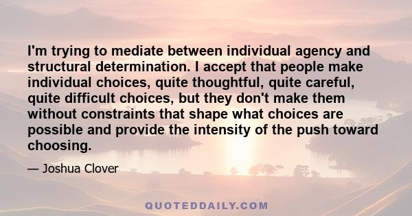 I'm trying to mediate between individual agency and structural determination. I accept that people make individual choices, quite thoughtful, quite careful, quite difficult choices, but they don't make them without