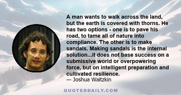 A man wants to walk across the land, but the earth is covered with thorns. He has two options - one is to pave his road, to tame all of nature into compliance. The other is to make sandals. Making sandals is the