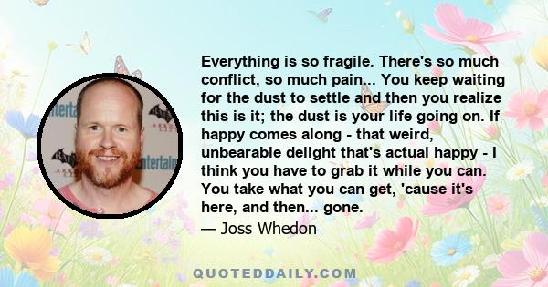 Everything is so fragile. There's so much conflict, so much pain... You keep waiting for the dust to settle and then you realize this is it; the dust is your life going on. If happy comes along - that weird, unbearable