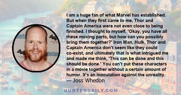 I am a huge fan of what Marvel has established. But when they first came to me, Thor and Captain America were not even close to being finished. I thought to myself, 'Okay, you have all these moving parts, but how can