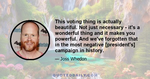 This voting thing is actually beautiful. Not just necessary - it's a wonderful thing and it makes you powerful. And we've forgotten that in the most negative [president's] campaign in history.