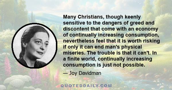 Many Christians, though keenly sensitive to the dangers of greed and discontent that come with an economy of continually increasing consumption, nevertheless feel that it is worth risking if only it can end man's