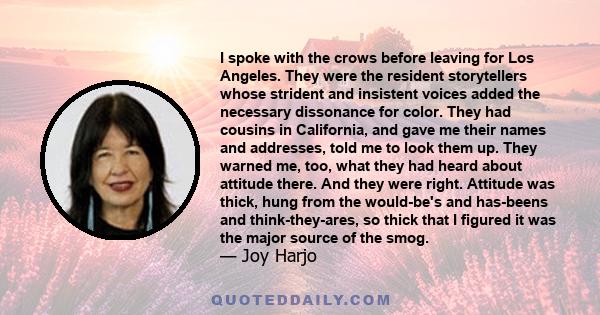 I spoke with the crows before leaving for Los Angeles. They were the resident storytellers whose strident and insistent voices added the necessary dissonance for color. They had cousins in California, and gave me their