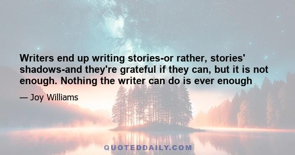 Writers end up writing stories-or rather, stories' shadows-and they're grateful if they can, but it is not enough. Nothing the writer can do is ever enough